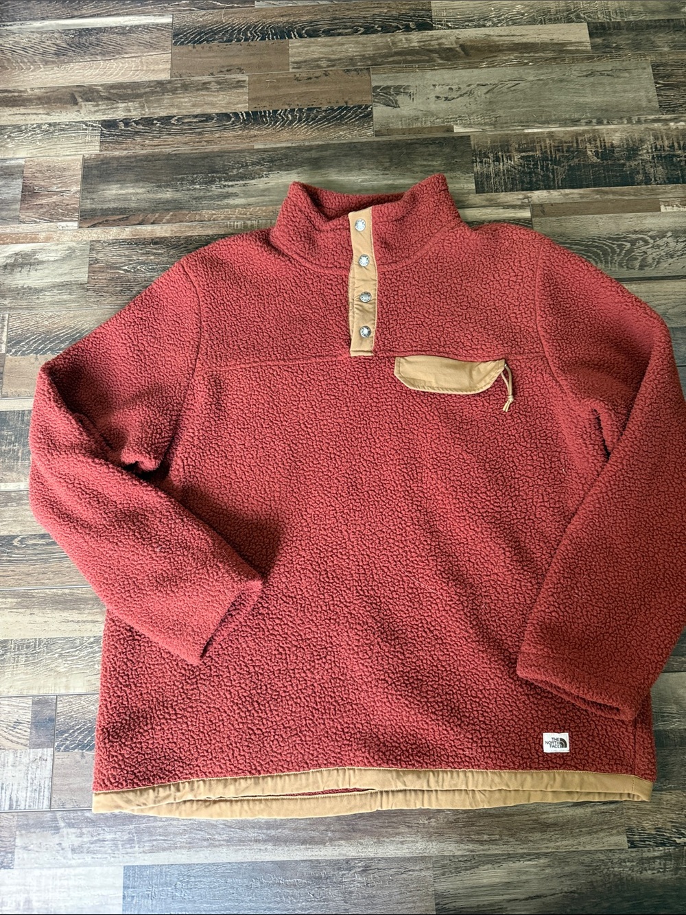 The North Face Men’s Red Sherpa Zip Pullover with Tan Accents